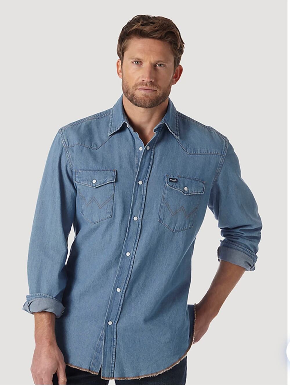 Wrangler Men's XL Tall Pearl Snap Western Denim Shirt Light Wash Cotton Blue
